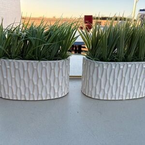 2 - 12" x4" ceramic planters with plastic grass